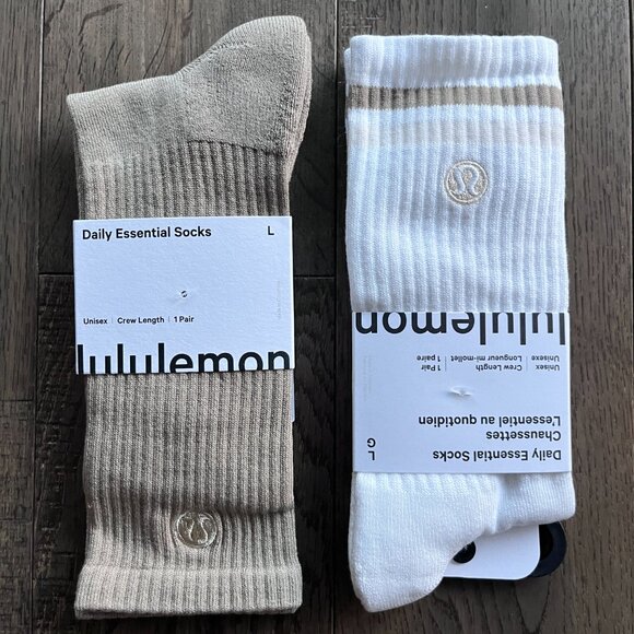 Lululemon Daily Essentials Crew Socks Lot of 2 NWT Size L Unisex Tan/White - Picture 2 of 3